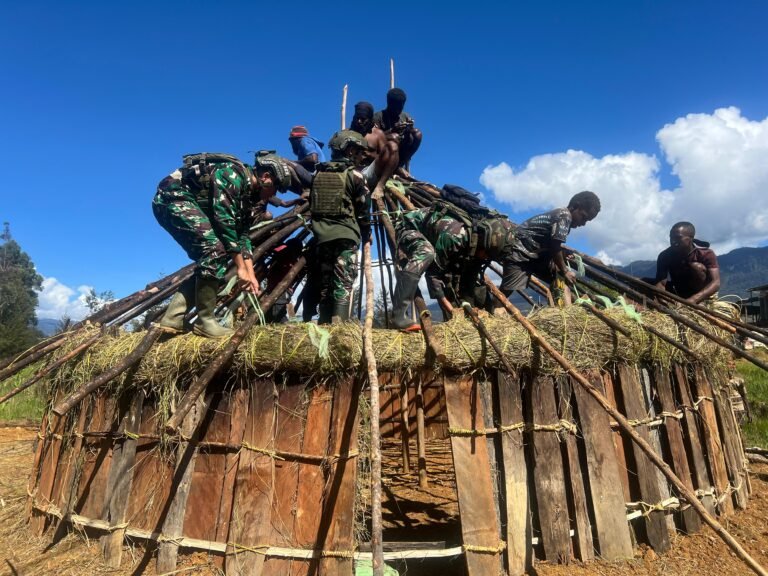 Satgas Yonif 323 Gotong Royong Bangun Honai Lestarikan Rumah Adat Tradisional