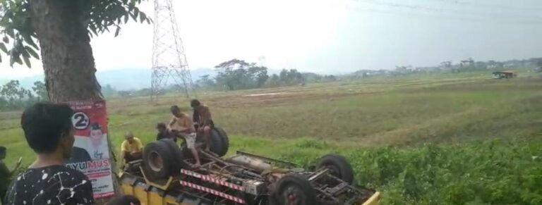 Truk CPM Pengangkut Tanah Merah Terguling ke Sawah di Jalan Inkopau